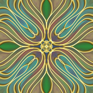 Simetrik olarak tekrar eden canlı renklerde kusursuz soyut geometrik çiçek yüzey deseni. Moda tasarımı, ev dekorasyonu, duvar kağıtları ve hediye paketleri için kullan.