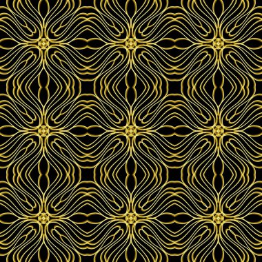 Yatay ve dikey olarak tekrarlanan simetrik formda, altın renkli kusursuz soyut geometrik çiçek yüzey deseni. Moda tasarımı, ev dekorasyonu, duvar kağıtları ve hediye paketleri için kullan.