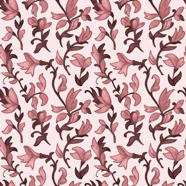 Simetrik formda, yatay ve dikey olarak tekrar eden, pürüzsüz, elle çizilmiş, canlı renklerde çiçek deseni. Moda tasarımı, ev dekorasyonu, duvar kağıtları ve hediye paketleri için kullan.