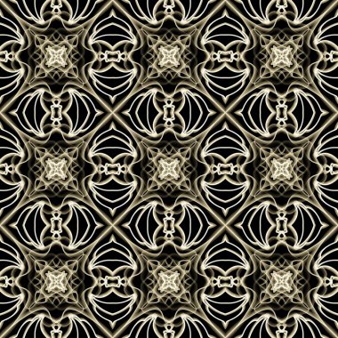 Yatay ve dikey olarak tekrarlanan simetrik formda, altın renkli kusursuz soyut geometrik çiçek yüzey deseni. Moda tasarımı, ev dekorasyonu, duvar kağıtları ve hediye paketleri için kullan.