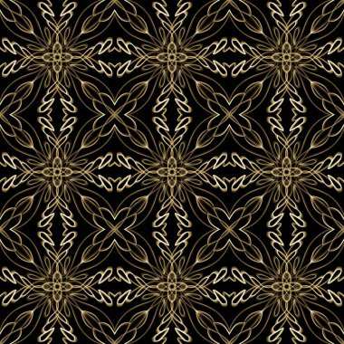Kusursuz soyut geometrik süs yüzey deseni altın rengi ile simetrik olarak tekrarlanıyor. Moda tasarımı, ev dekorasyonu, duvar kağıtları ve hediye paketleri için kullan.