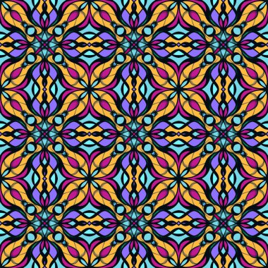 Simetrik olarak tekrar eden canlı renklerde kusursuz soyut geometrik çiçek yüzey deseni. Moda tasarımı, ev dekorasyonu, duvar kağıtları ve hediye paketleri için kullan.