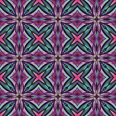 Simetrik olarak tekrar eden canlı renklerde kusursuz soyut geometrik çiçek yüzey deseni. Moda tasarımı, ev dekorasyonu, duvar kağıtları ve hediye paketleri için kullan.