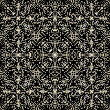 Yatay ve dikey olarak tekrarlanan simetrik formda, altın renkli kusursuz soyut geometrik çiçek yüzey deseni. Moda tasarımı, ev dekorasyonu, duvar kağıtları ve hediye paketleri için kullan.