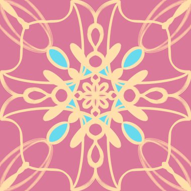 Simetrik olarak tekrar eden canlı renklerde kusursuz soyut geometrik çiçek yüzey deseni. Moda tasarımı, ev dekorasyonu, duvar kağıtları ve hediye paketleri için kullan.