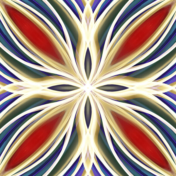 Seamless abstract geometric floral surface pattern in vivid colors with symmetrical form repeating horizontally and vertically. Use for fashion design, home decoration, wallpapers and gift packages.