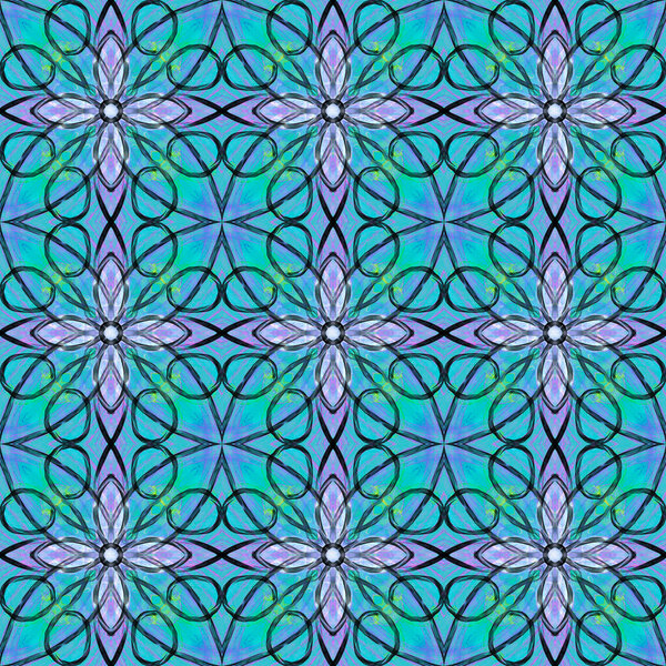 Seamless abstract geometric floral surface pattern in vivid colors with symmetrical form repeating horizontally and vertically. Use for fashion design, home decoration, wallpapers and gift packages.