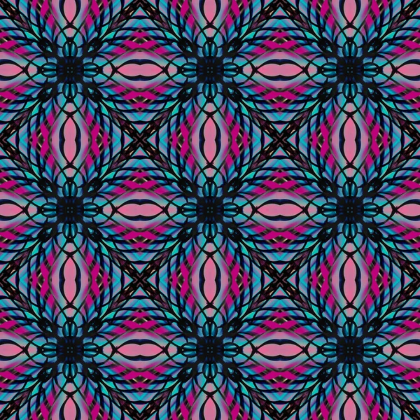 Simetrik biçimi yatay ve dikey olarak tekrarlanan canlı renklerde kusursuz soyut geometrik çiçek yüzey deseni. Moda tasarımı, ev dekorasyonu, duvar kağıtları ve hediye paketleri için kullan.