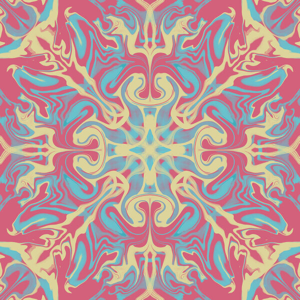 Seamless abstract geometric floral surface pattern in vivid colors repeating symmetrically. Use for fashion design, home decoration, wallpapers and gift packages.