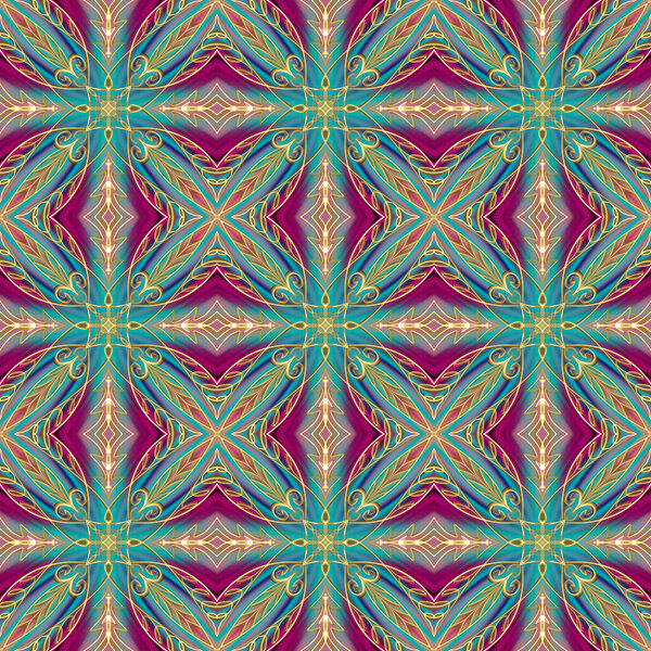 Seamless abstract geometric floral surface pattern in vivid colors with symmetrical form repeating horizontally and vertically. Use for fashion design, home decoration, wallpapers and gift packages.