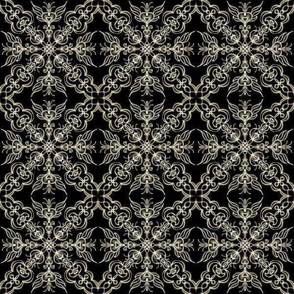 Seamless abstract geometric floral surface pattern in golden color with symmetrical form repeating horizontally and vertically. Use for fashion design, home decoration, wallpapers and gift packages.