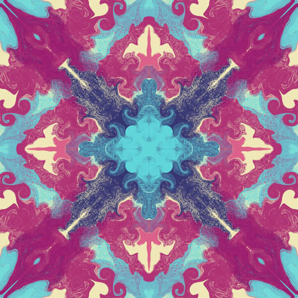 Seamless abstract geometric floral surface pattern in vivid colors repeating symmetrically. Use for fashion design, home decoration, wallpapers and gift packages.