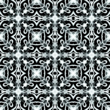 Siyah ve beyaz renklerde simetrik olarak tekrarlanan kusursuz soyut geometrik çiçek yüzey deseni. Moda tasarımı, ev dekorasyonu, duvar kağıtları ve hediye paketleri için kullan.