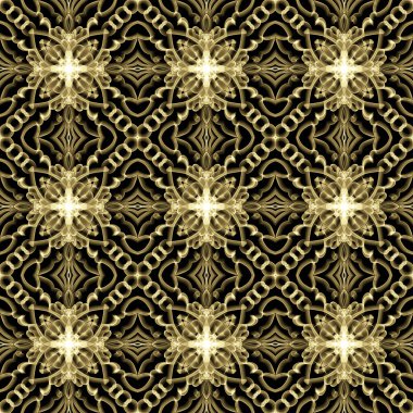 Yatay ve dikey olarak tekrarlanan simetrik formda, altın renkli kusursuz soyut geometrik çiçek yüzey deseni. Moda tasarımı, ev dekorasyonu, duvar kağıtları ve hediye paketleri için kullan.