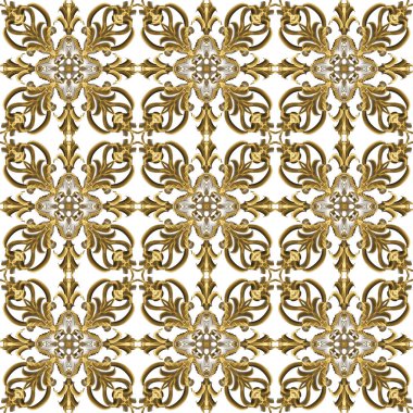 Yatay ve dikey olarak tekrarlanan simetrik formda, altın renkli kusursuz soyut geometrik çiçek yüzey deseni. Moda tasarımı, ev dekorasyonu, duvar kağıtları ve hediye paketleri için kullan.