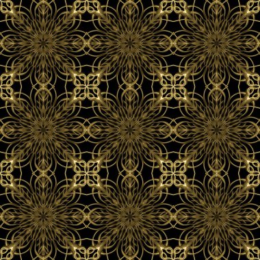 Yatay ve dikey olarak tekrarlanan simetrik formda, altın renkli kusursuz soyut geometrik çiçek yüzey deseni. Moda tasarımı, ev dekorasyonu, duvar kağıtları ve hediye paketleri için kullan.