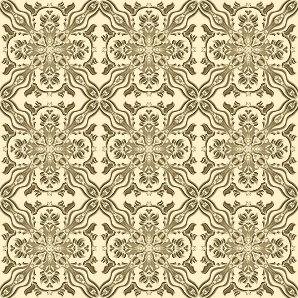 Seamless abstract geometric floral surface pattern in golden color with symmetrical form repeating horizontally and vertically. Use for fashion design, home decoration, wallpapers and gift packages.