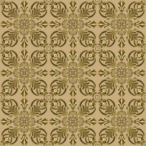 Seamless abstract geometric floral surface pattern in golden color with symmetrical form repeating horizontally and vertically. Use for fashion design, home decoration, wallpapers and gift packages.