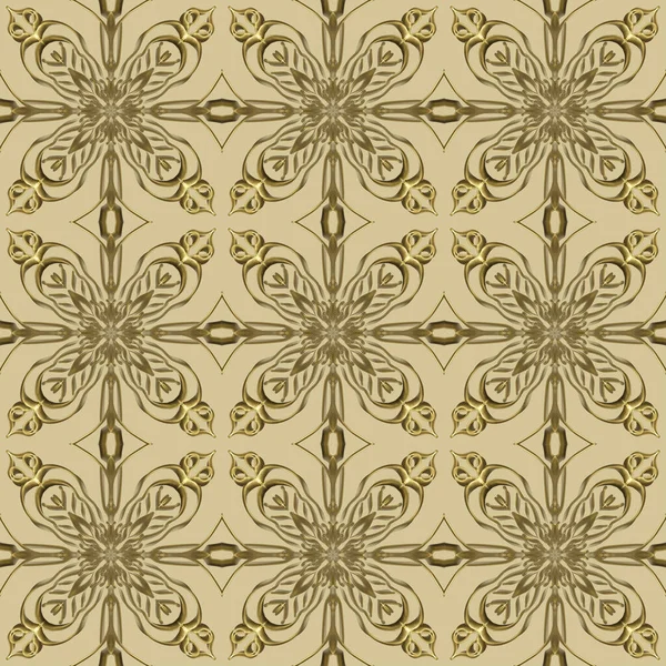 左右対称の形をした金色の抽象幾何学的な花の表面パターンが水平方向と垂直方向に繰り返されます ファッションデザイン 家の装飾 壁紙やギフトパッケージのための使用 — ストック写真