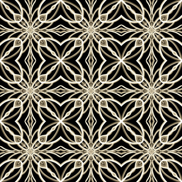 Seamless abstract geometric floral monochrome surface pattern with symmetrical form repeating horizontally and vertically. Use for fashion design, home decoration, wallpapers and gift packages.