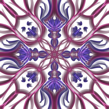 Simetrik olarak tekrar eden canlı renklerde kusursuz soyut geometrik çiçek yüzey deseni. Moda tasarımı, ev dekorasyonu, duvar kağıtları ve hediye paketleri için kullan.