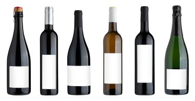 Beyaz arka plan üzerinde altı farklı cam şişe grubu.