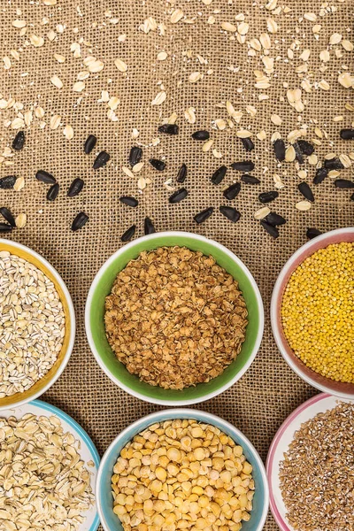 Portions Various Cereals Wheat Peas Buckwheat Millet Oatmeal Barley Colored — Stock Photo, Image