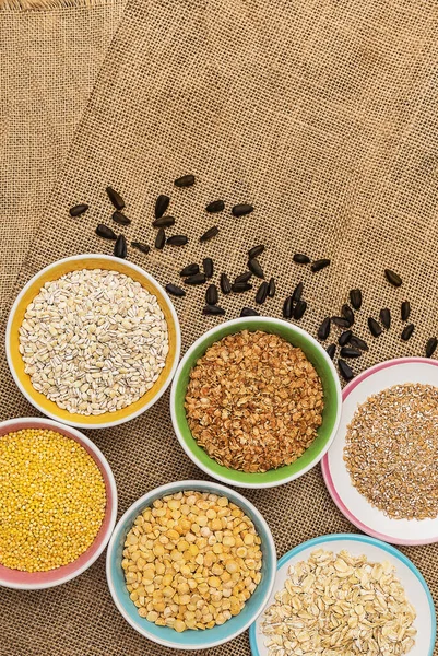 Portions Various Cereals Wheat Peas Buckwheat Millet Oatmeal Barley Colored — Stock Photo, Image