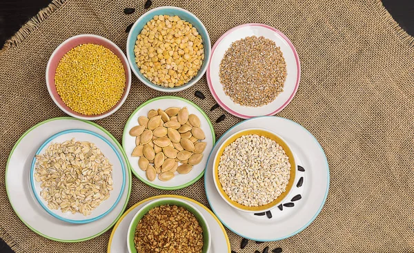 Portions Various Cereals Wheat Peas Buckwheat Millet Oatmeal Barley Pumpkin — Stock Photo, Image