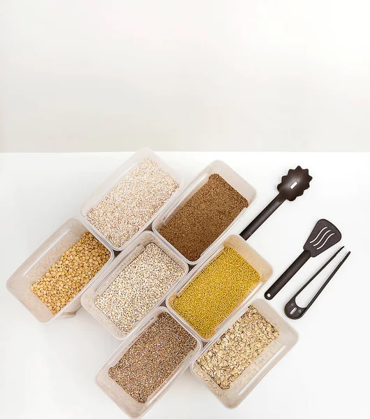 Various Cereals Wheat Peas Buckwheat Millet Oatmeal Barley Open Plastic — Stock Photo, Image