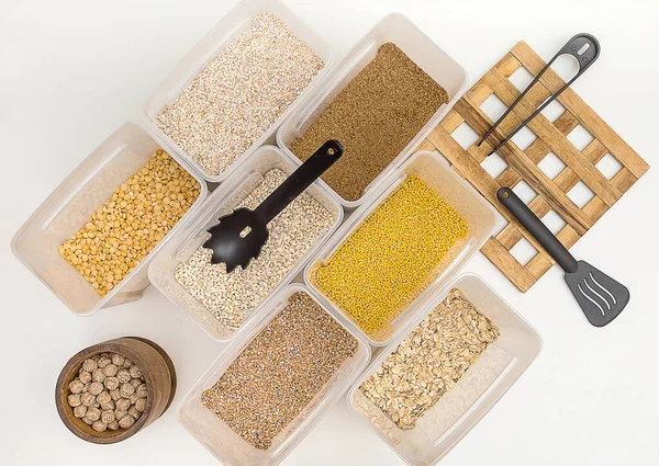 Various Cereals Wheat Peas Buckwheat Millet Oatmeal Barley Open Plastic — Stock Photo, Image