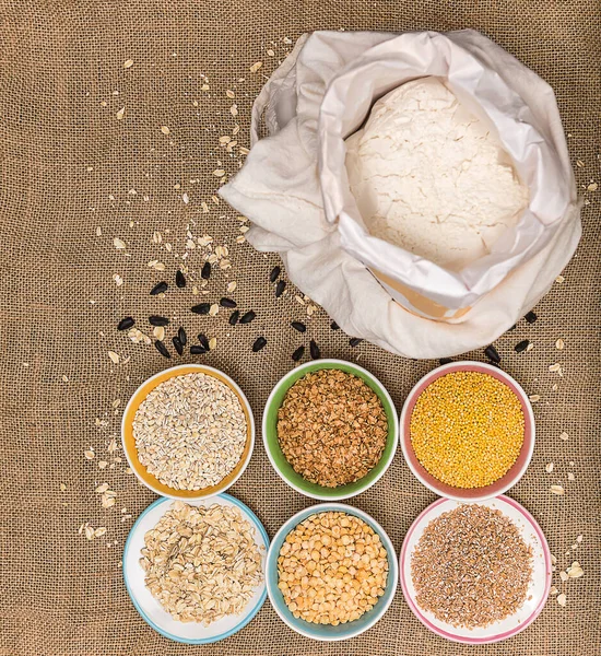 Portions Various Cereals Bag Flour Wheat Peas Buckwheat Millet Oatmeal — Stock Photo, Image