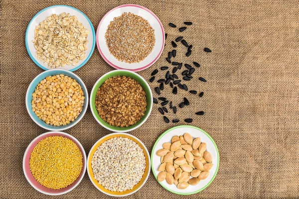 Portions Various Cereals Wheat Peas Buckwheat Millet Oatmeal Barley Colored — Stock Photo, Image