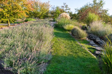 Çiçek açan bitkiler ve yeşil çimlerle çevrili dolambaçlı bir bahçe yolu akşam ışığında doğanın huzur dolu güzelliğini gözler önüne seriyor. Bu barışçıl ortam, gezintilere ve düşüncelere davetiye çıkarır..