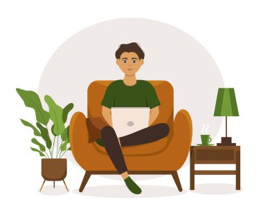 Evde dizüstü bilgisayarı olan bir karakter.