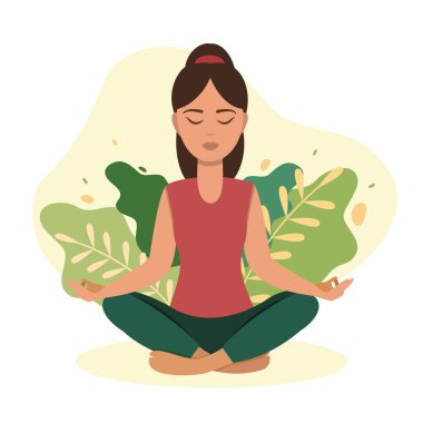 Yong kadını evde bitkilerle meditasyon yapıyor.