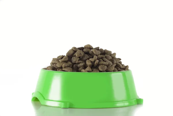 Dog food in green bowl, white studio background — Zdjęcie stockowe