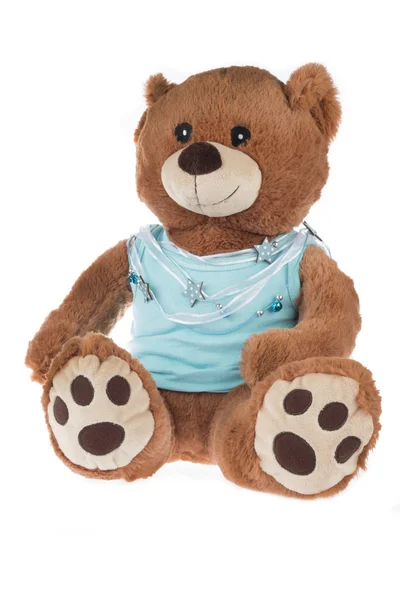 Teddy beer met blauwe shirt, geïsoleerd — Stockfoto