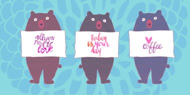 Vektör şirin el çizim ayılar kartı arka plan şablon / ayarla