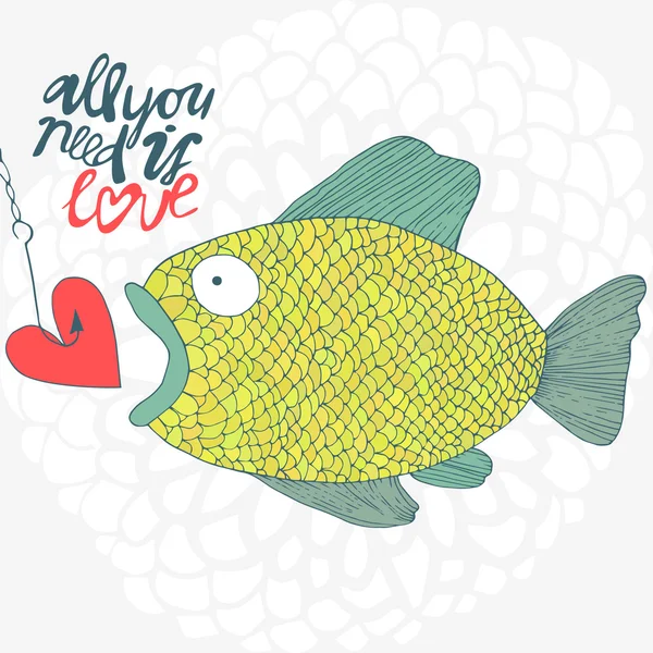 Vector söta abstrakt hand ritat fisk med fiske krok romantisk kärlek kort bakgrund — Stock vektor