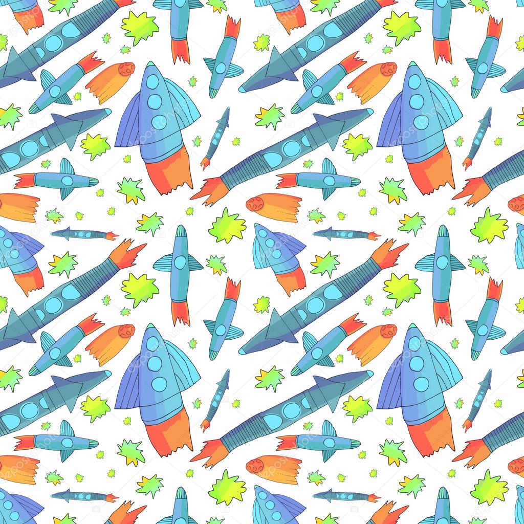 Vector cute romantic hand drawing seamless pattern made of the stars and spaceship background