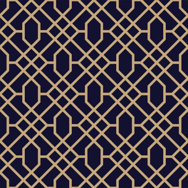 Çizgileri, eşkenar dörtgenleri ve kusursuz vektör arkaplanı olan soyut geometrik desen. Mavi-siyah ve altın rengi
