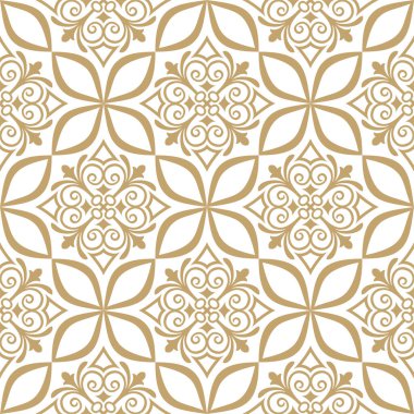 Barok tarzında duvar kâğıdı. Kusursuz bir arka plan. Altın ve beyaz çiçek süsü.