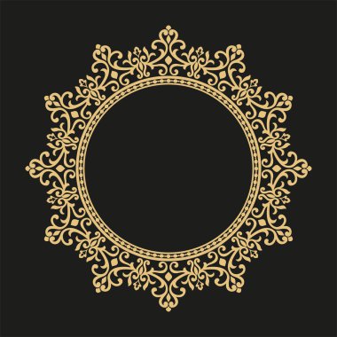 Tasarım şablonu için dekoratif çizgi sanat çerçevesi. Doğu tarzı zarif vektör ögesi, metin için yer. Altın çizgili çiçek sınırı. Davetiyeler ve tebrik kartları için dantelli illüstrasyon