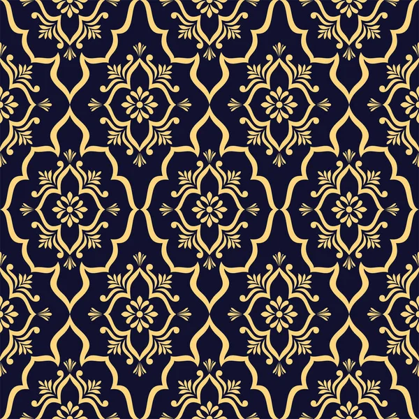 Damask duvar kağıdı. Kusursuz bir vektör arka planı. Altın ve mavi-siyah doku. Çiçek süsü..