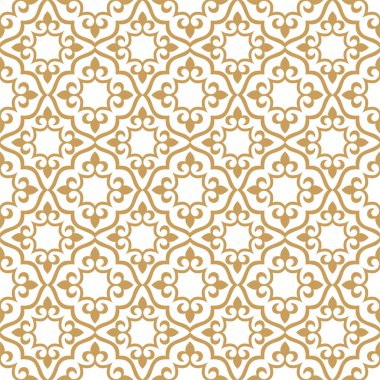 Damask duvar kağıdı. Kusursuz bir vektör arka planı. Altın ve beyaz doku. Çiçek süsü.