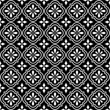 Soyut geometrik dikişsiz çiçek deseni. Paketleme, duvar kağıdı, fayanslar için süs eşyası. siyah ve beyaz grafik vektör arkaplanı.
