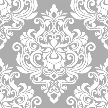Damask kusursuz vektör arkaplanı. Barok tarzı şablondaki duvar kağıdı. Gri ve beyaz çiçek elementi. Duvar kağıdı, kumaş, ambalaj ve ambalaj için grafiksel desen. Damask çiçek süsü.