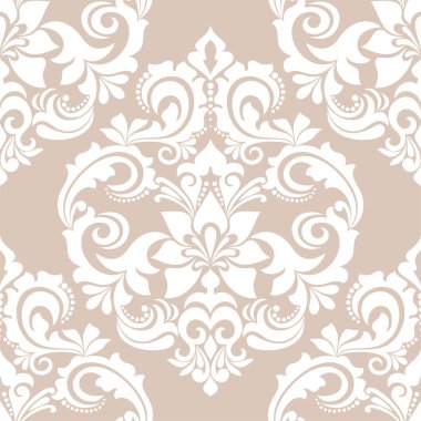 Damask kusursuz vektör arkaplanı. Barok tarzı şablondaki duvar kağıdı. Bej ve beyaz çiçek elementleri. Duvar kağıdı, kumaş, ambalaj ve ambalaj için grafiksel desen. Damask çiçek süsü.