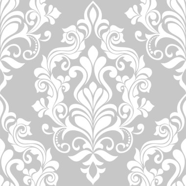 Damask kusursuz vektör arkaplanı. Barok tarzı şablondaki duvar kağıdı. Gri ve beyaz çiçek elementi. Duvar kağıdı, kumaş, ambalaj ve ambalaj için grafiksel desen. Damask çiçek süsü.